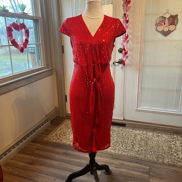 NWT Grace Karin Red Sequin Cap Sleeve V-Neck Tie Waist Bodycon Midi Dress - Picture 8 of 11